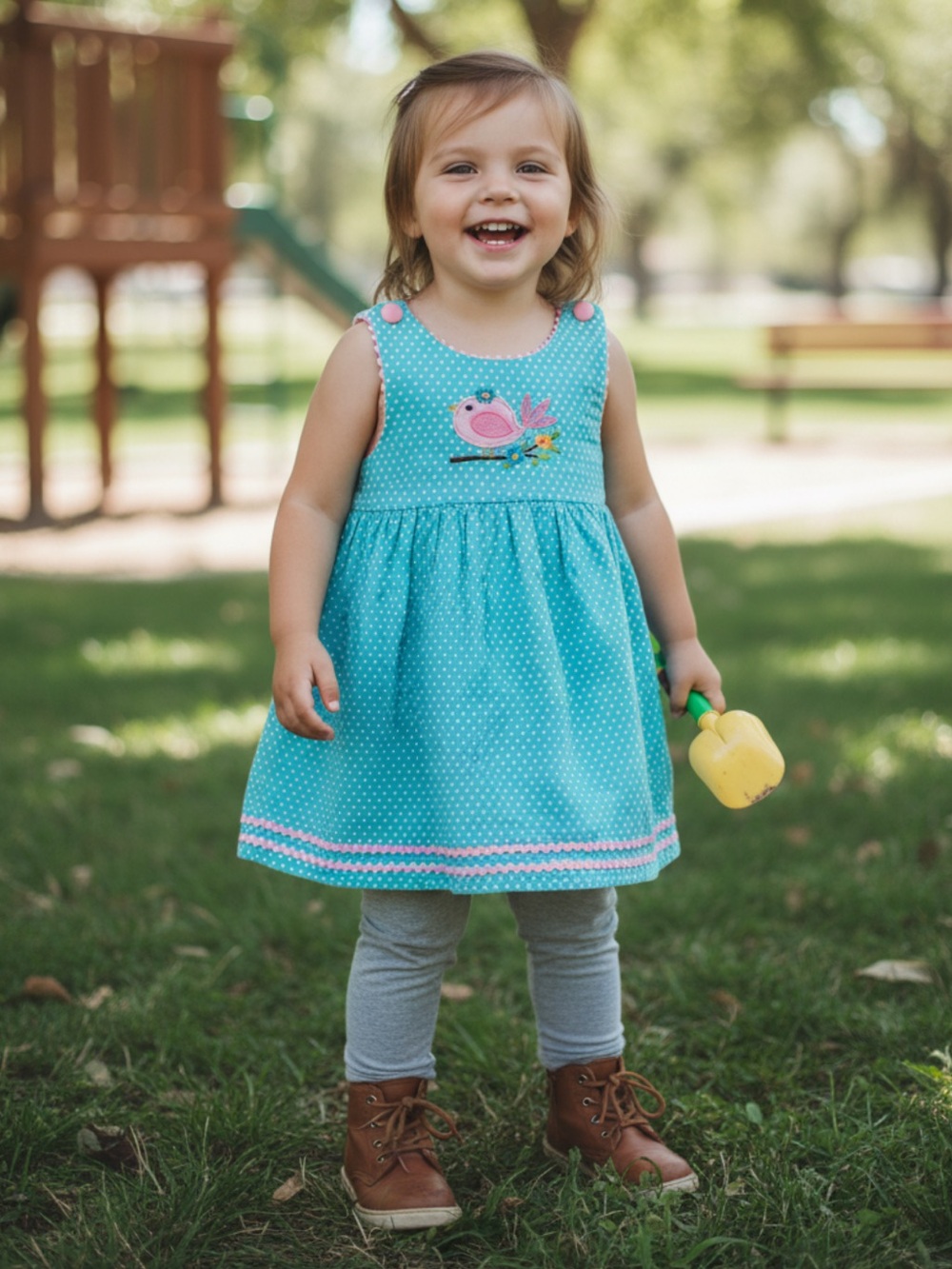 Lil Cactus | Turquoise Micro Cord Polk Dot Dress | Pink Trim | Bird Appliqué